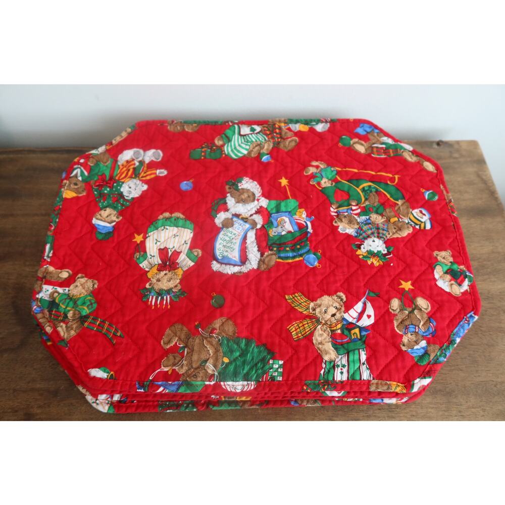 Set of 6 Vintage Quilted Christmas Teddy Bear Placemats Reversable 17" x 12.5"